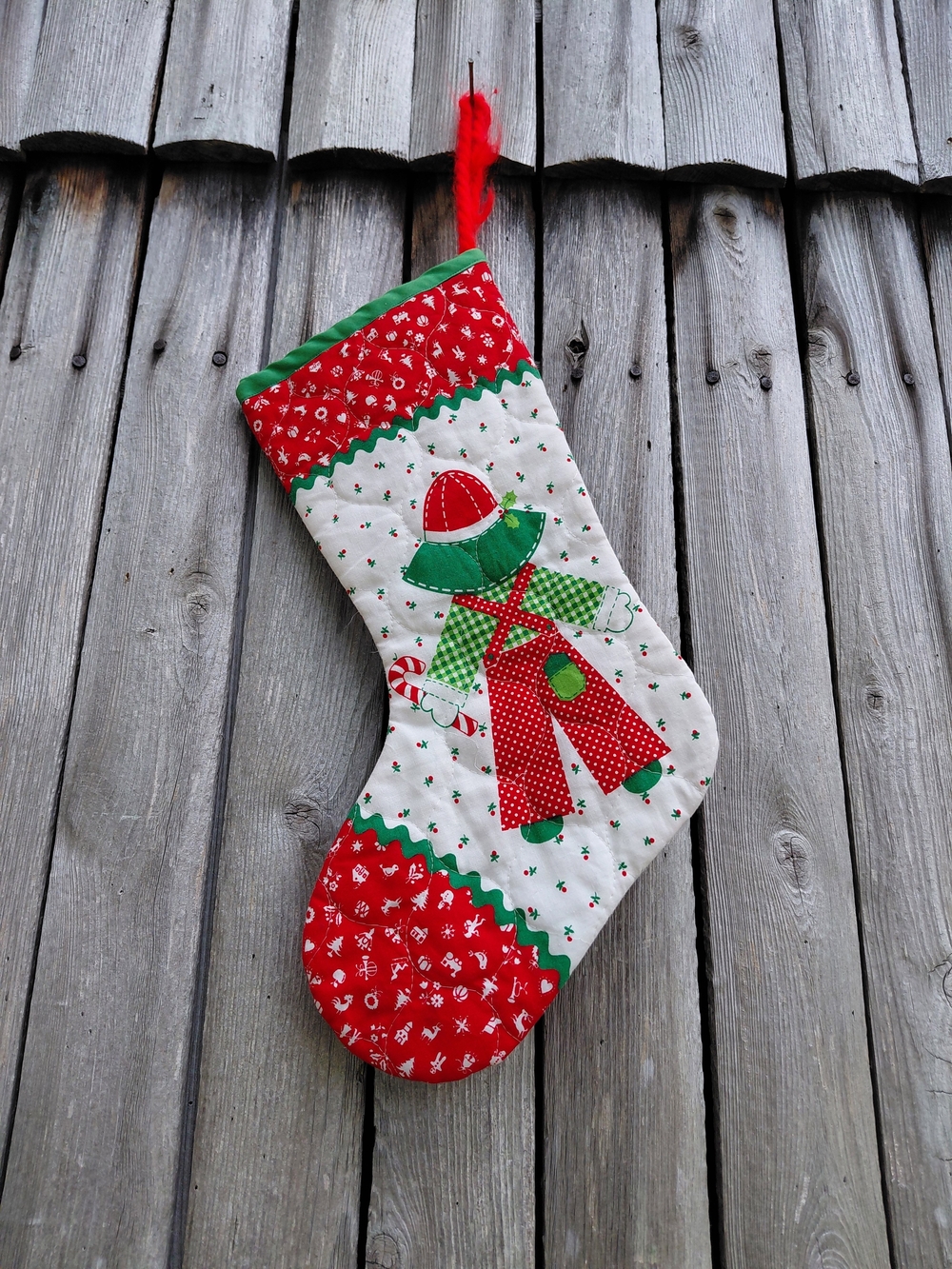 Vintage 70s handmade tiny print charming cottage Christmas stocking